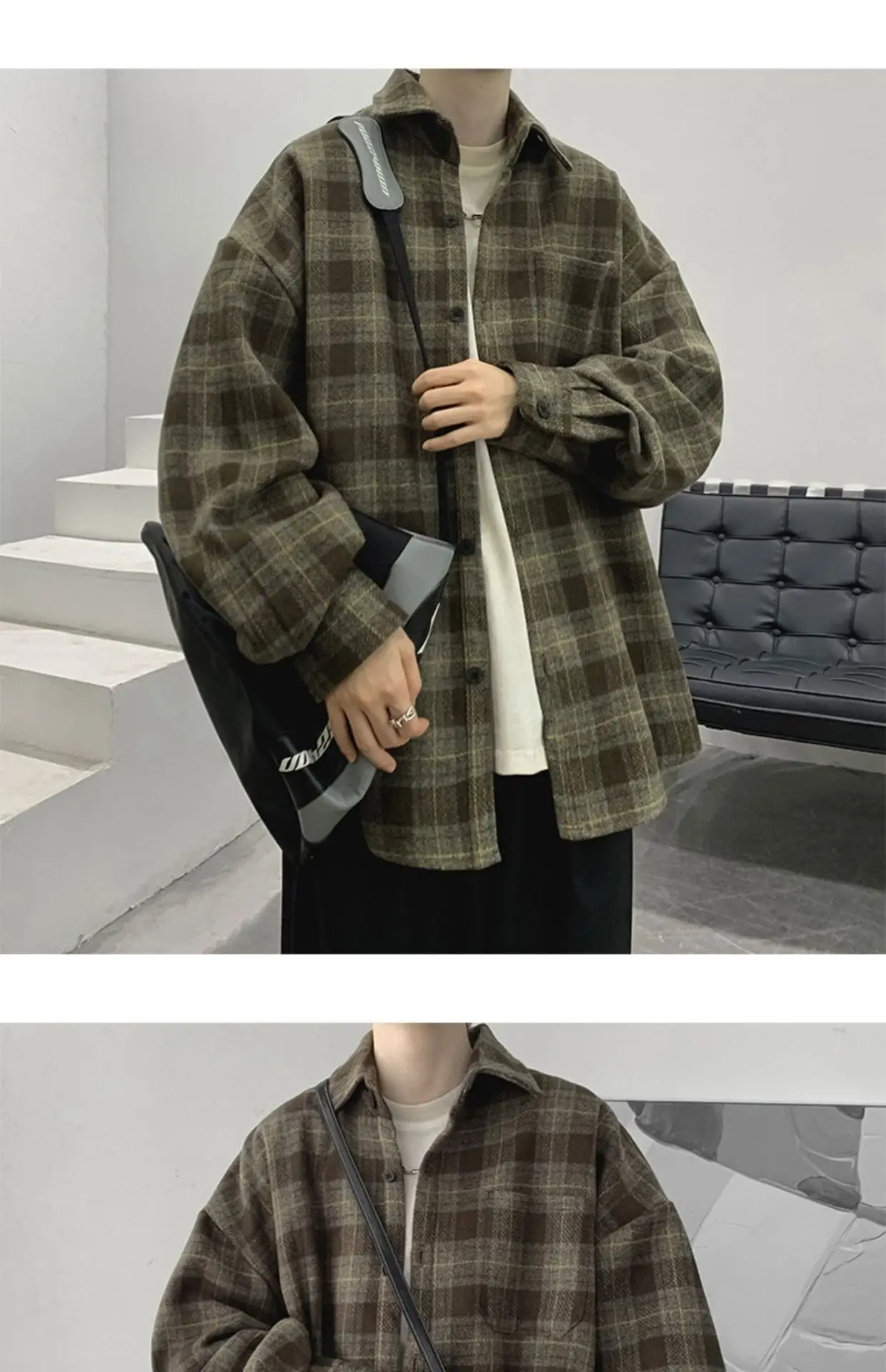 Men Plaid Long Sleeve Coat Spring Autumn Puffy Handsome — feature 16