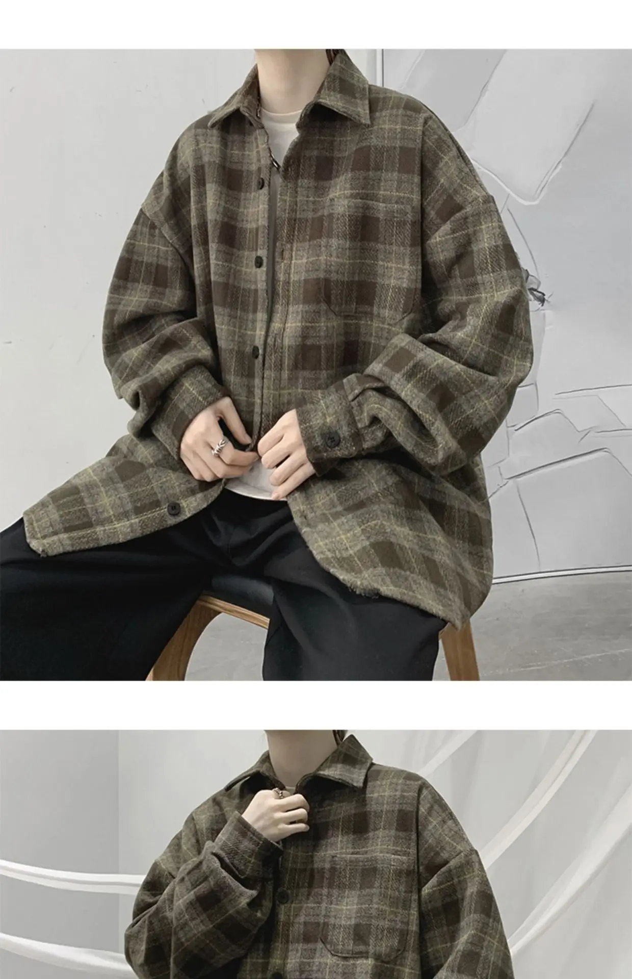 Men Plaid Long Sleeve Coat Spring Autumn Puffy Handsome — feature 18