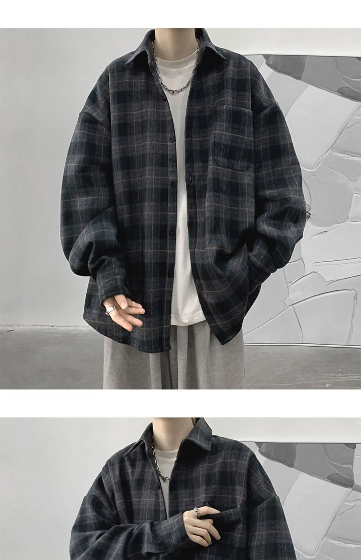 Men Plaid Long Sleeve Coat Spring Autumn Puffy Handsome — feature 4