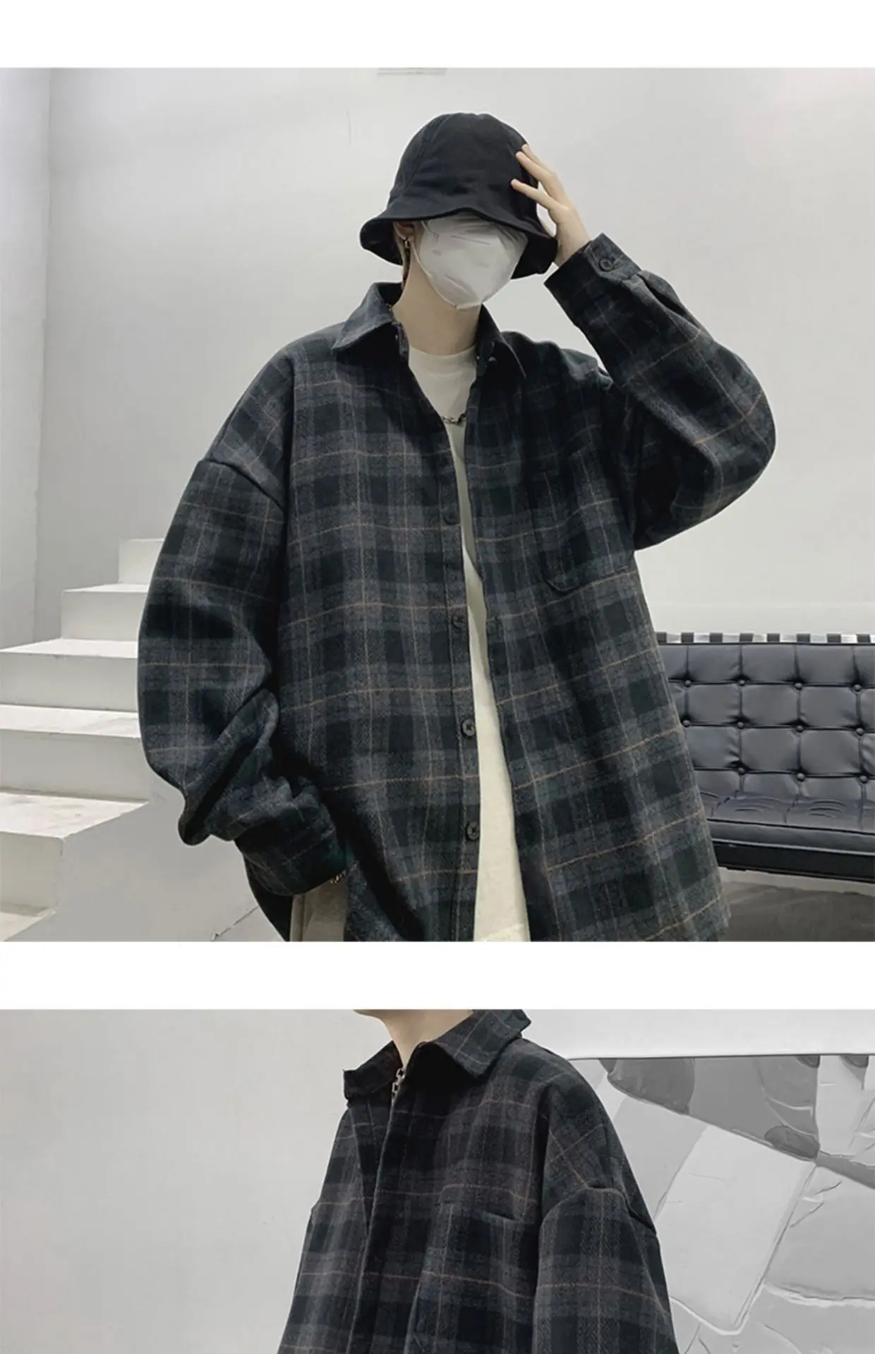 Men Plaid Long Sleeve Coat Spring Autumn Puffy Handsome — feature 6