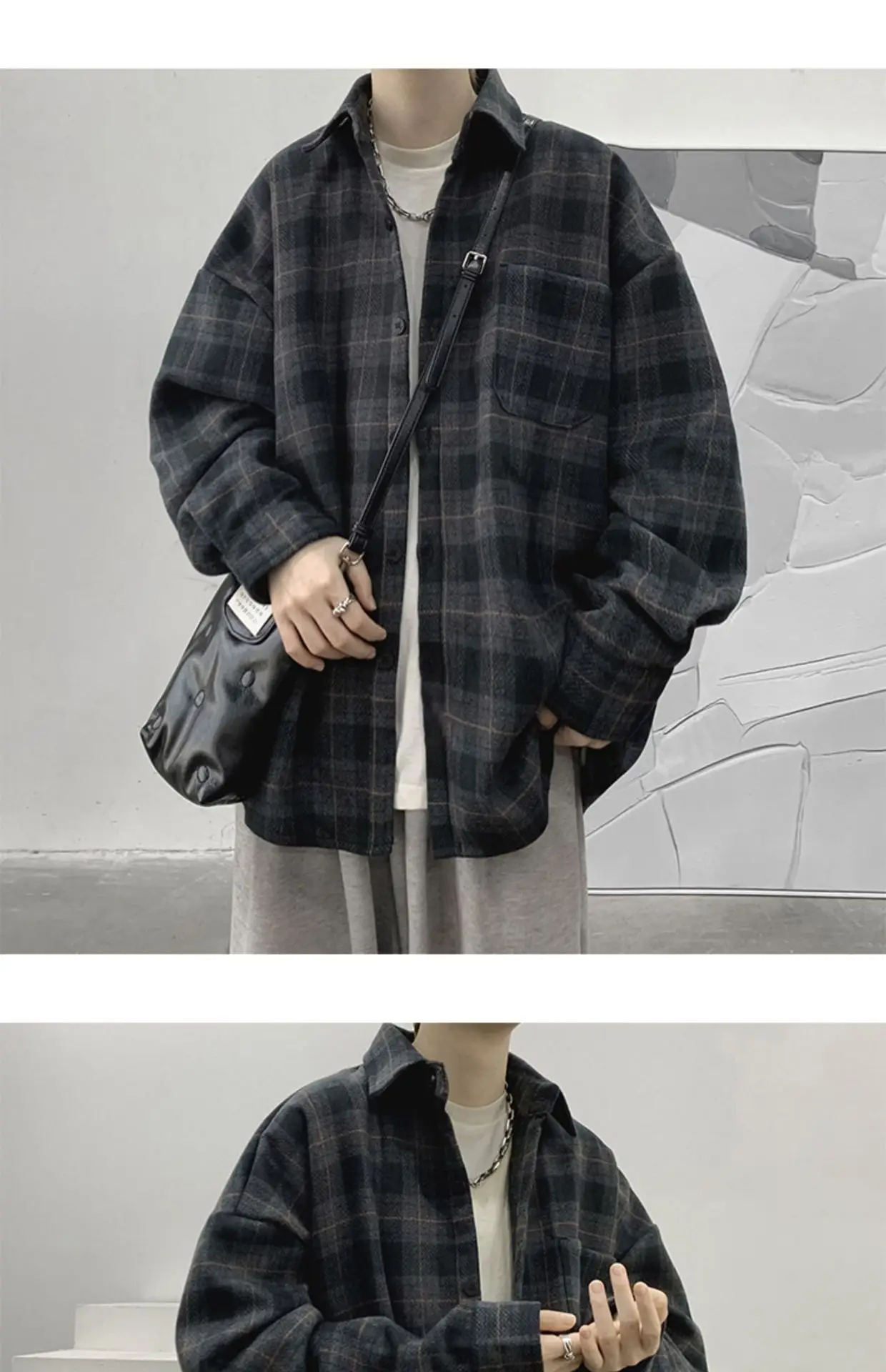 Men Plaid Long Sleeve Coat Spring Autumn Puffy Handsome — feature 8