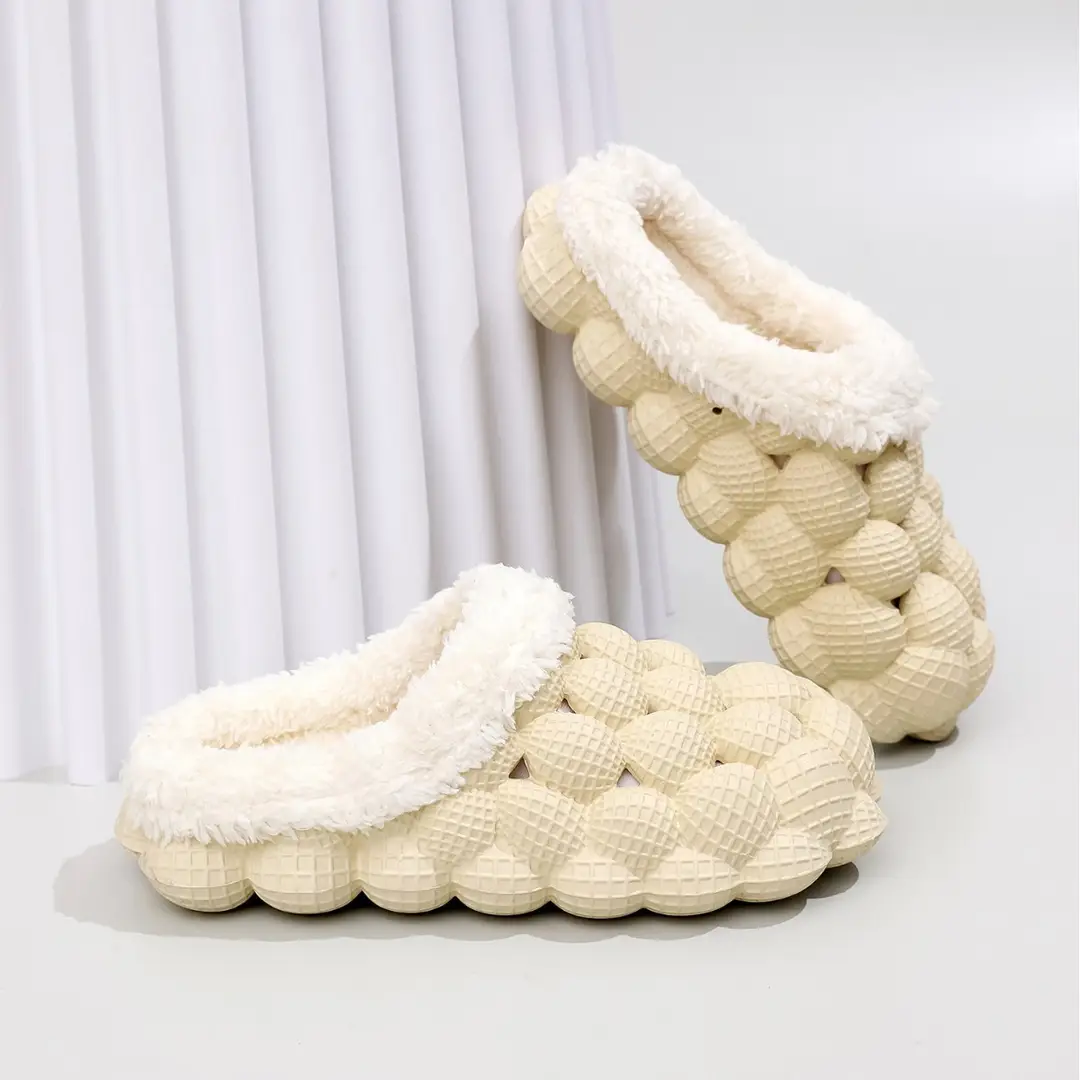 Wholesale Autumn and Winter Cotton Slippers for Children, Lychee Bubble Soft Sole, Thick Sole, Cute Non-Slip Warm Furry Cotton Slippers for Men and Women