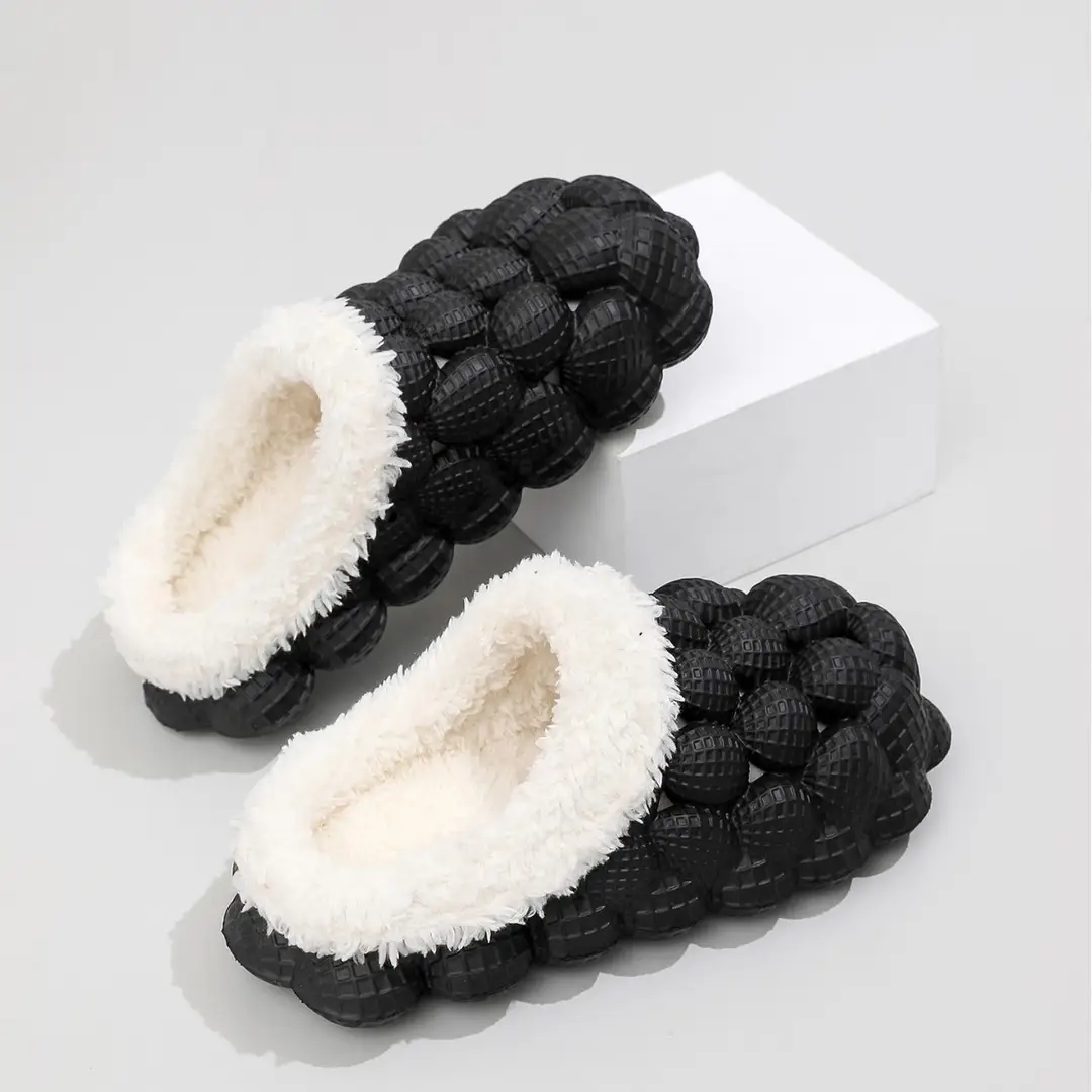 Wholesale Autumn and Winter Cotton Slippers for Children, Lychee Bubble Soft Sole, Thick Sole, Cute Non-Slip Warm Furry Cotton Slippers for Men and Women