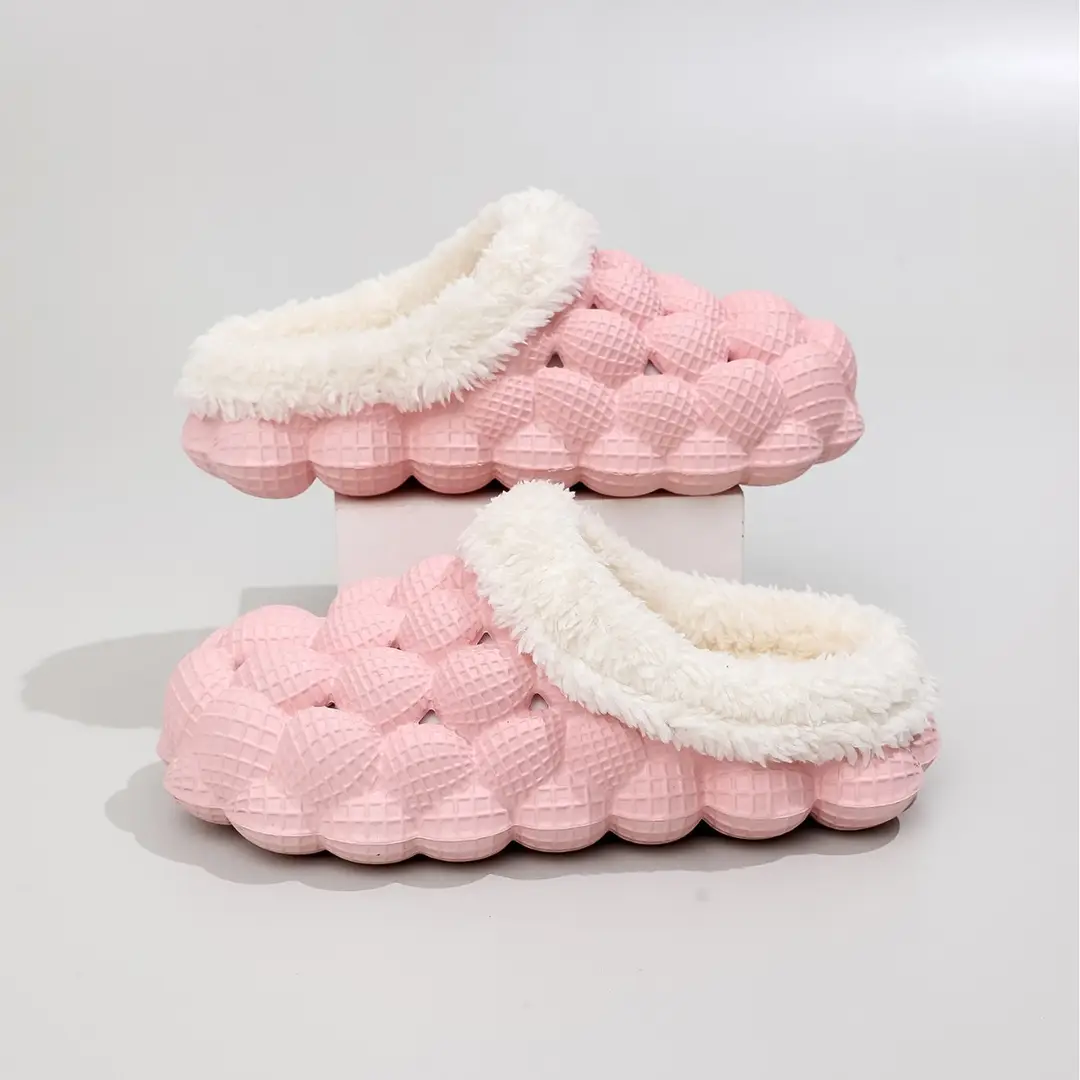 Wholesale Autumn and Winter Cotton Slippers for Children, Lychee Bubble Soft Sole, Thick Sole, Cute Non-Slip Warm Furry Cotton Slippers for Men and Women