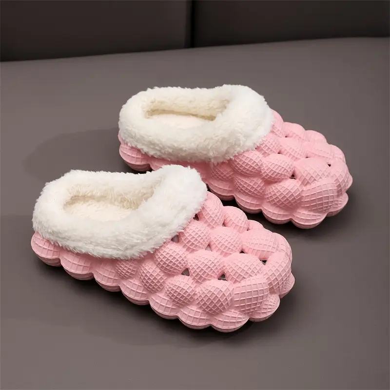 Wholesale Autumn and Winter Cotton Slippers for Children, Lychee Bubble Soft Sole, Thick Sole, Cute Non-Slip Warm Furry Cotton Slippers for Men and Women