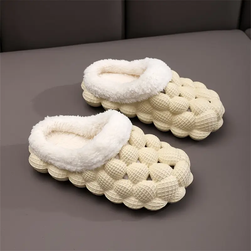 Wholesale Autumn and Winter Cotton Slippers for Children, Lychee Bubble Soft Sole, Thick Sole, Cute Non-Slip Warm Furry Cotton Slippers for Men and Women
