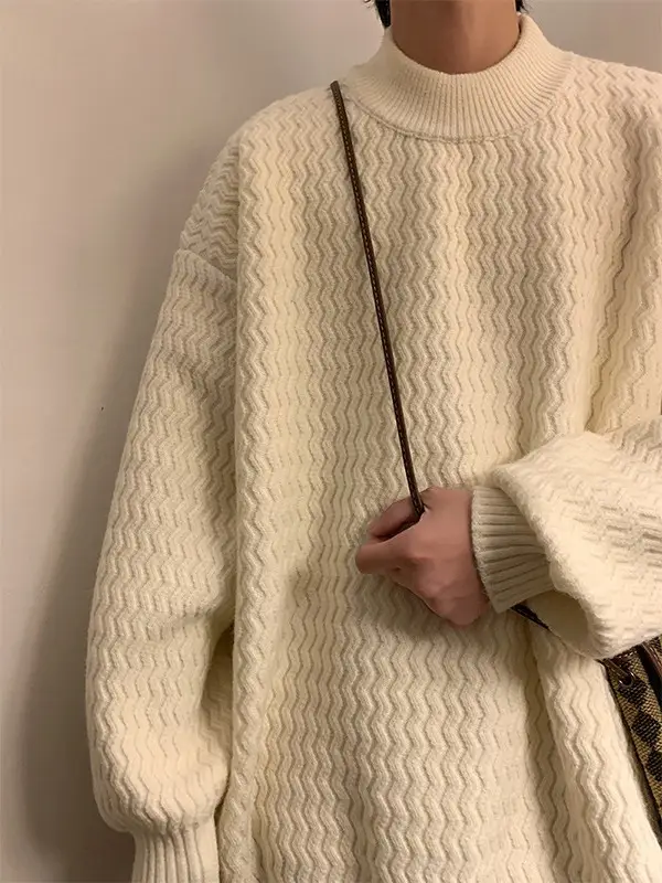 Men's Dark Coffee Wave Pattern Mid Collar Sweater