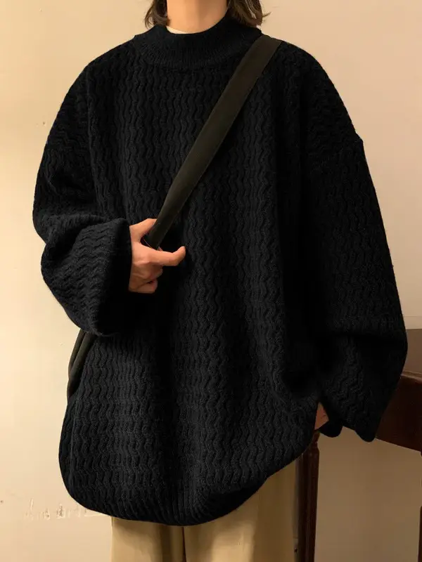 Men's Dark Coffee Wave Pattern Mid Collar Sweater