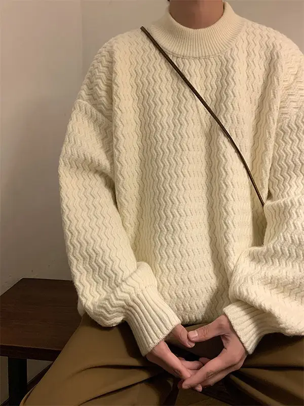Men's Dark Coffee Wave Pattern Mid Collar Sweater
