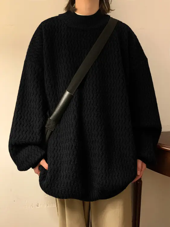 Men's Dark Coffee Wave Pattern Mid Collar Sweater — feature 10