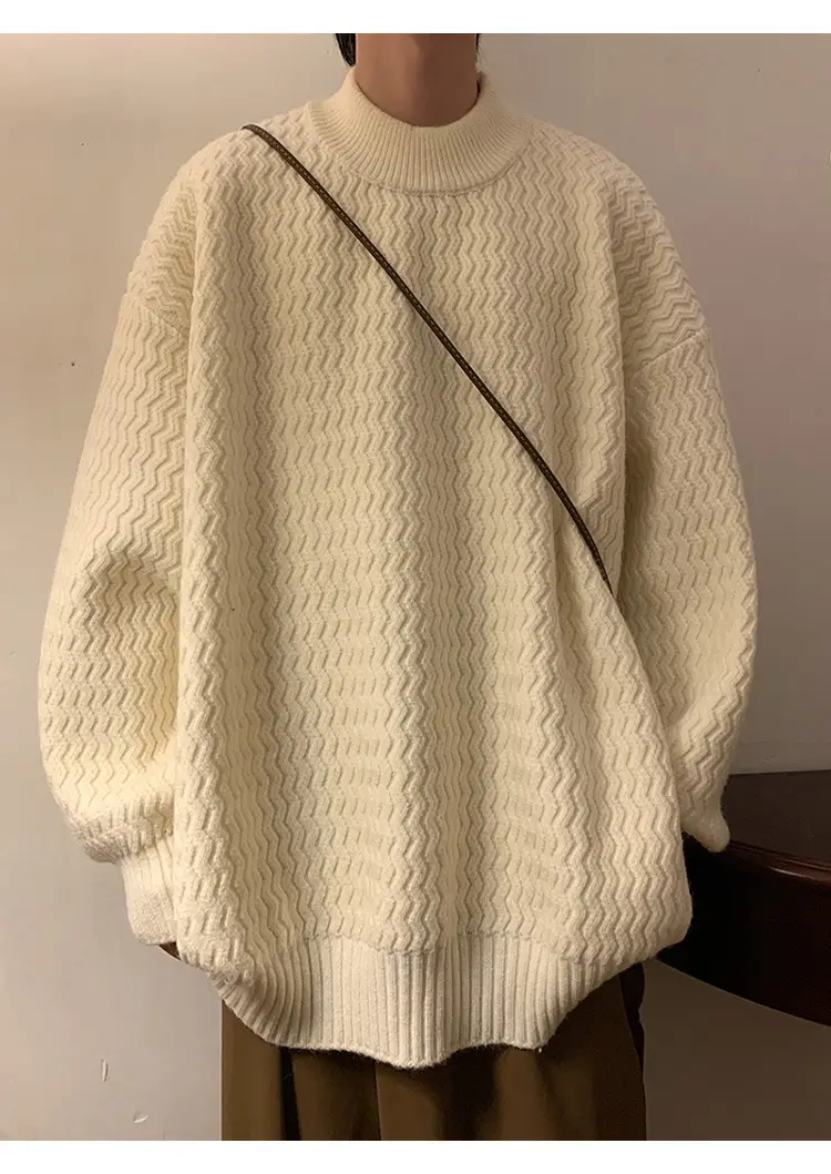 Men's Dark Coffee Wave Pattern Mid Collar Sweater — feature 12