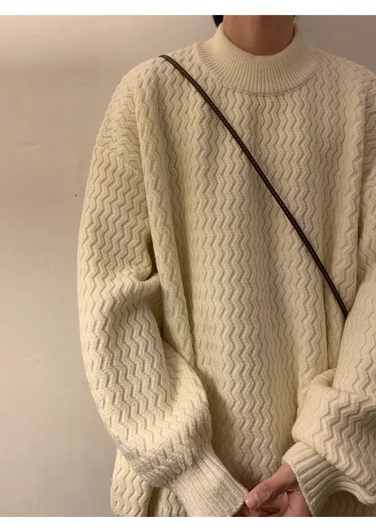 Men's Dark Coffee Wave Pattern Mid Collar Sweater — feature 13