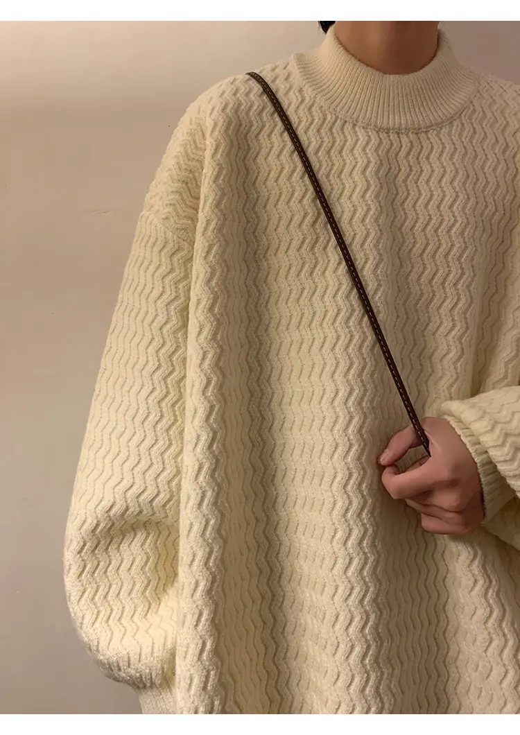 Men's Dark Coffee Wave Pattern Mid Collar Sweater — feature 14