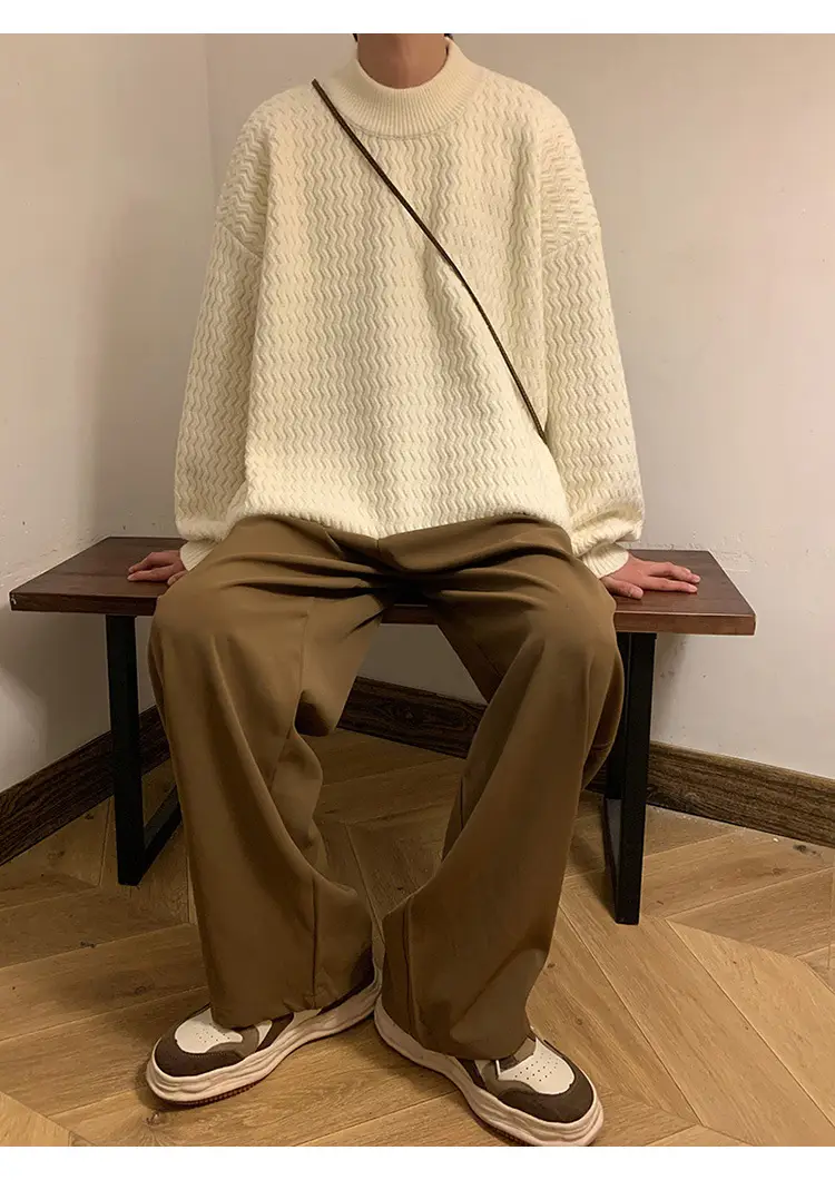 Men's Dark Coffee Wave Pattern Mid Collar Sweater — feature 16