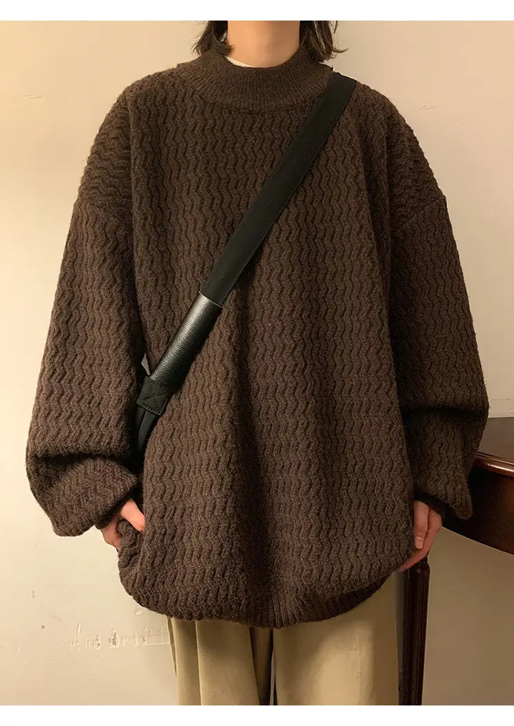 Men's Dark Coffee Wave Pattern Mid Collar Sweater — feature 3