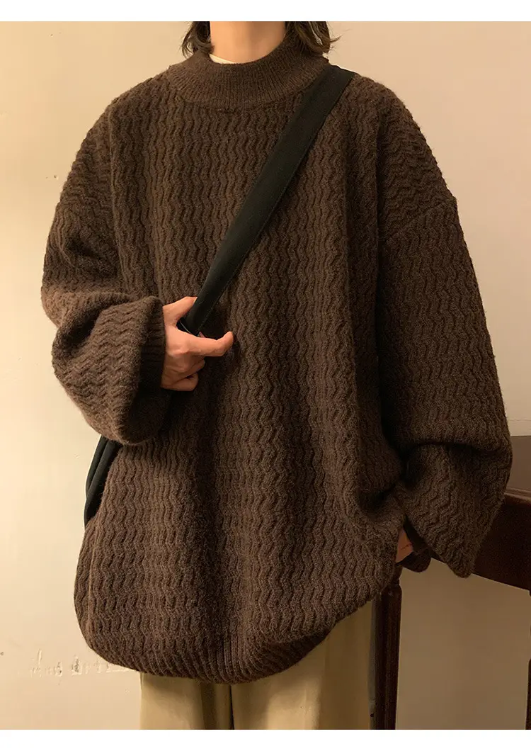 Men's Dark Coffee Wave Pattern Mid Collar Sweater — feature 4