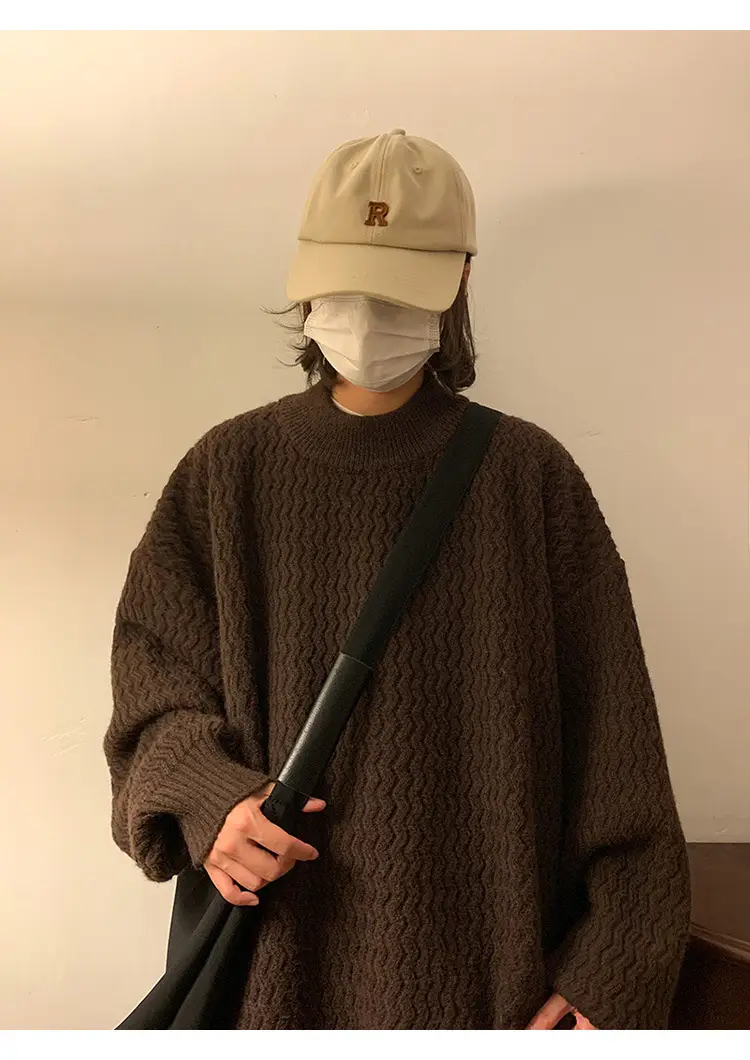 Men's Dark Coffee Wave Pattern Mid Collar Sweater — feature 6