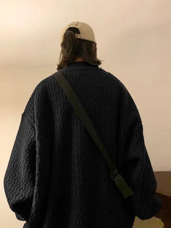 Men's Dark Coffee Wave Pattern Mid Collar Sweater — feature 7