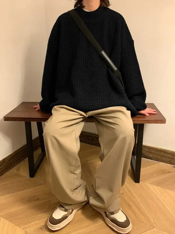 Men's Dark Coffee Wave Pattern Mid Collar Sweater — feature 9