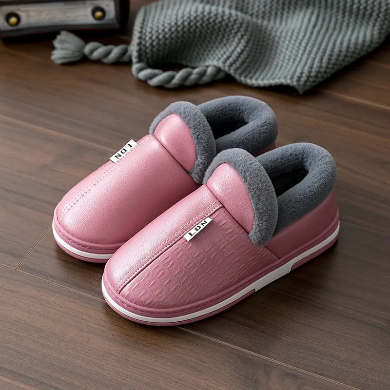 Waterproof Leather Cotton Slippers Autumn and Winter 2026 New Style Indoor Home Non-Slip Outdoor Wear Leather Slippers with Heel Cover Non-Slip Leather Surface