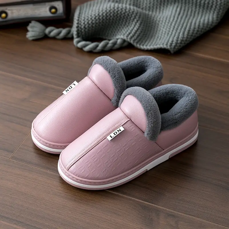 Waterproof Leather Cotton Slippers Autumn and Winter 2026 New Style Indoor Home Non-Slip Outdoor Wear Leather Slippers with Heel Cover Non-Slip Leather Surface