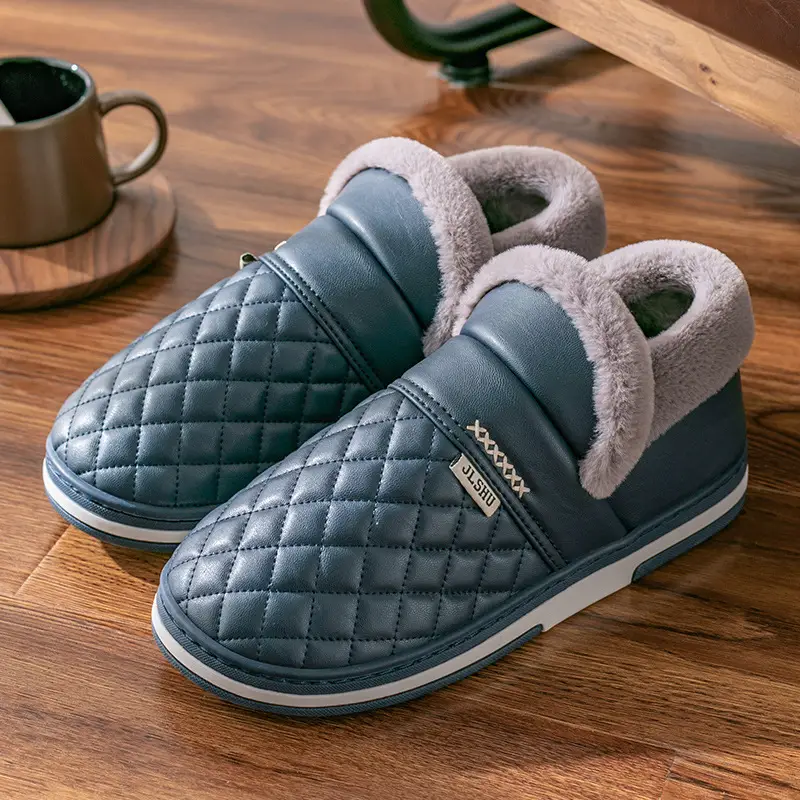 Waterproof Leather Cotton Slippers Autumn and Winter 2026 New Style Indoor Home Non-Slip Outdoor Wear Leather Slippers with Heel Cover Non-Slip Leather Surface