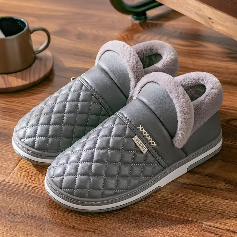 Waterproof Leather Cotton Slippers Autumn and Winter 2026 New Style Indoor Home Non-Slip Outdoor Wear Leather Slippers with Heel Cover Non-Slip Leather Surface