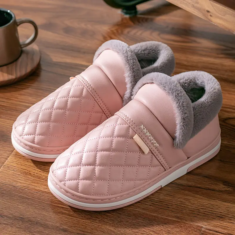 Waterproof Leather Cotton Slippers Autumn and Winter 2026 New Style Indoor Home Non-Slip Outdoor Wear Leather Slippers with Heel Cover Non-Slip Leather Surface