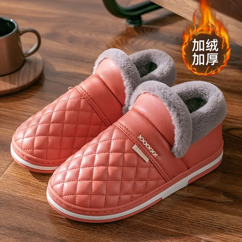 Waterproof Leather Cotton Slippers Autumn and Winter 2026 New Style Indoor Home Non-Slip Outdoor Wear Leather Slippers with Heel Cover Non-Slip Leather Surface