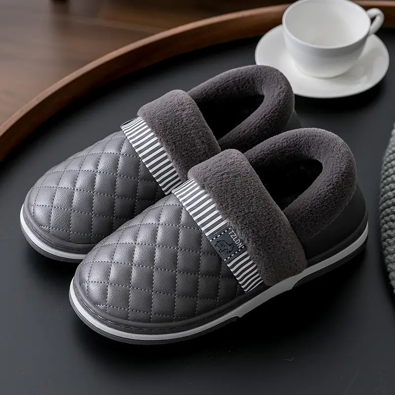 Waterproof Leather Cotton Slippers Autumn and Winter 2026 New Style Indoor Home Non-Slip Outdoor Wear Leather Slippers with Heel Cover Non-Slip Leather Surface