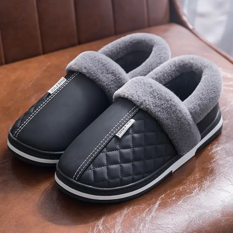 Waterproof Leather Cotton Slippers Autumn and Winter 2026 New Style Indoor Home Non-Slip Outdoor Wear Leather Slippers with Heel Cover Non-Slip Leather Surface