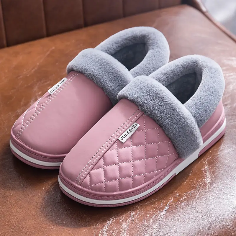 Waterproof Leather Cotton Slippers Autumn and Winter 2026 New Style Indoor Home Non-Slip Outdoor Wear Leather Slippers with Heel Cover Non-Slip Leather Surface
