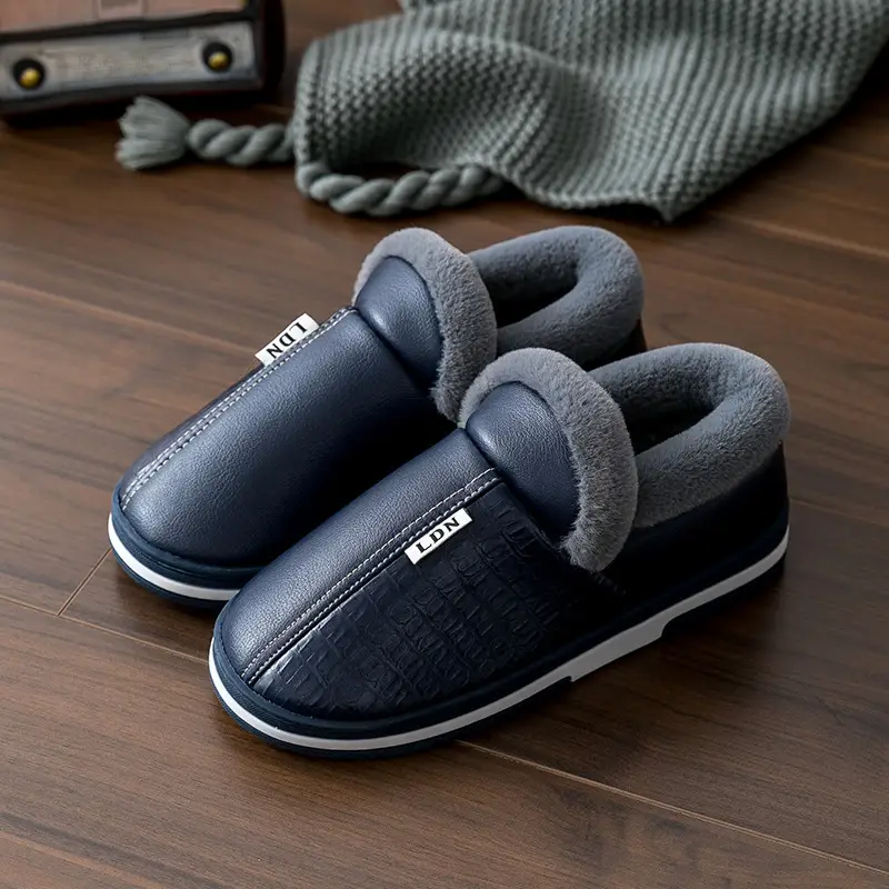 Waterproof Leather Cotton Slippers Autumn and Winter 2026 New Style Indoor Home Non-Slip Outdoor Wear Leather Slippers with Heel Cover Non-Slip Leather Surface