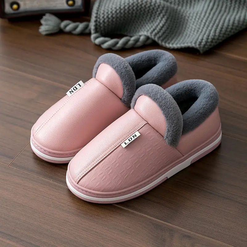 Waterproof Leather Cotton Slippers Autumn and Winter 2026 New Style Indoor Home Non-Slip Outdoor Wear Leather Slippers with Heel Cover Non-Slip Leather Surface