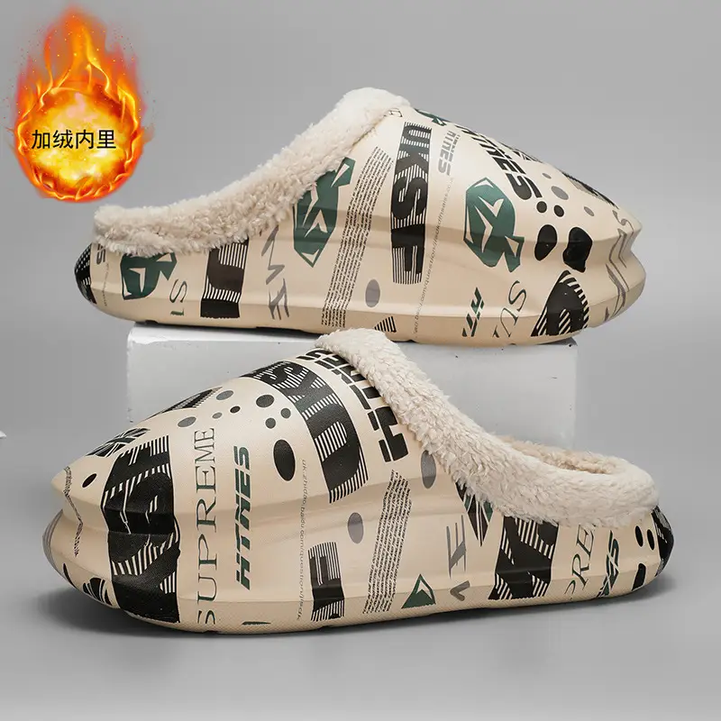 Men Winter Fleece Lined Cotton Slippers with Streetwear Print - Image 2