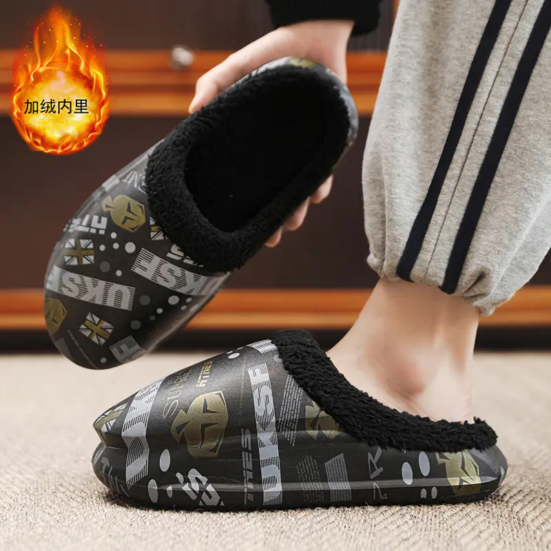 Men Winter Fleece Lined Cotton Slippers with Streetwear Print - Image 4