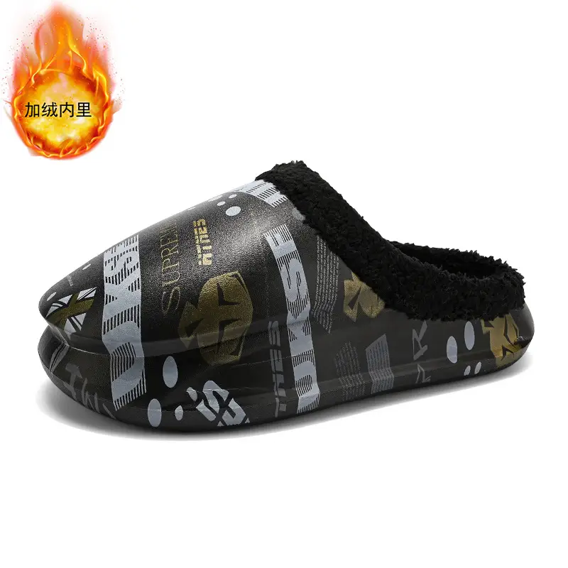 Men Winter Fleece Lined Cotton Slippers with Streetwear Print - Image 5