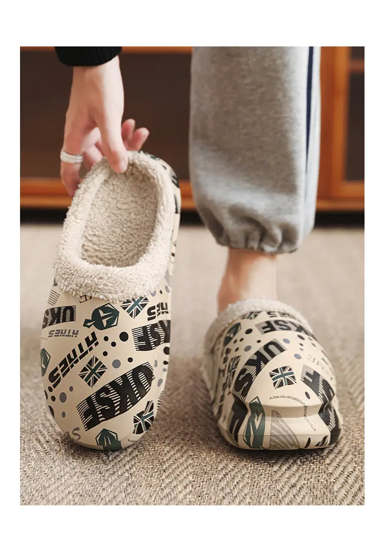 Men Winter Fleece Lined Cotton Slippers with Streetwear Print — feature 10