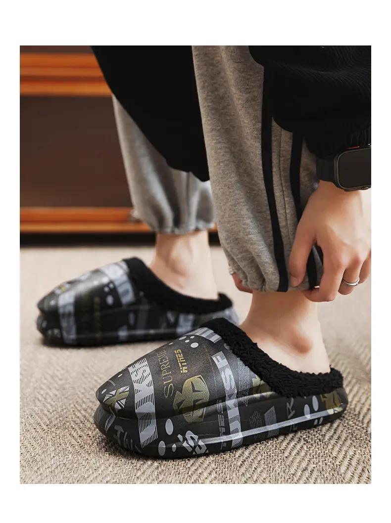 Men Winter Fleece Lined Cotton Slippers with Streetwear Print — feature 15