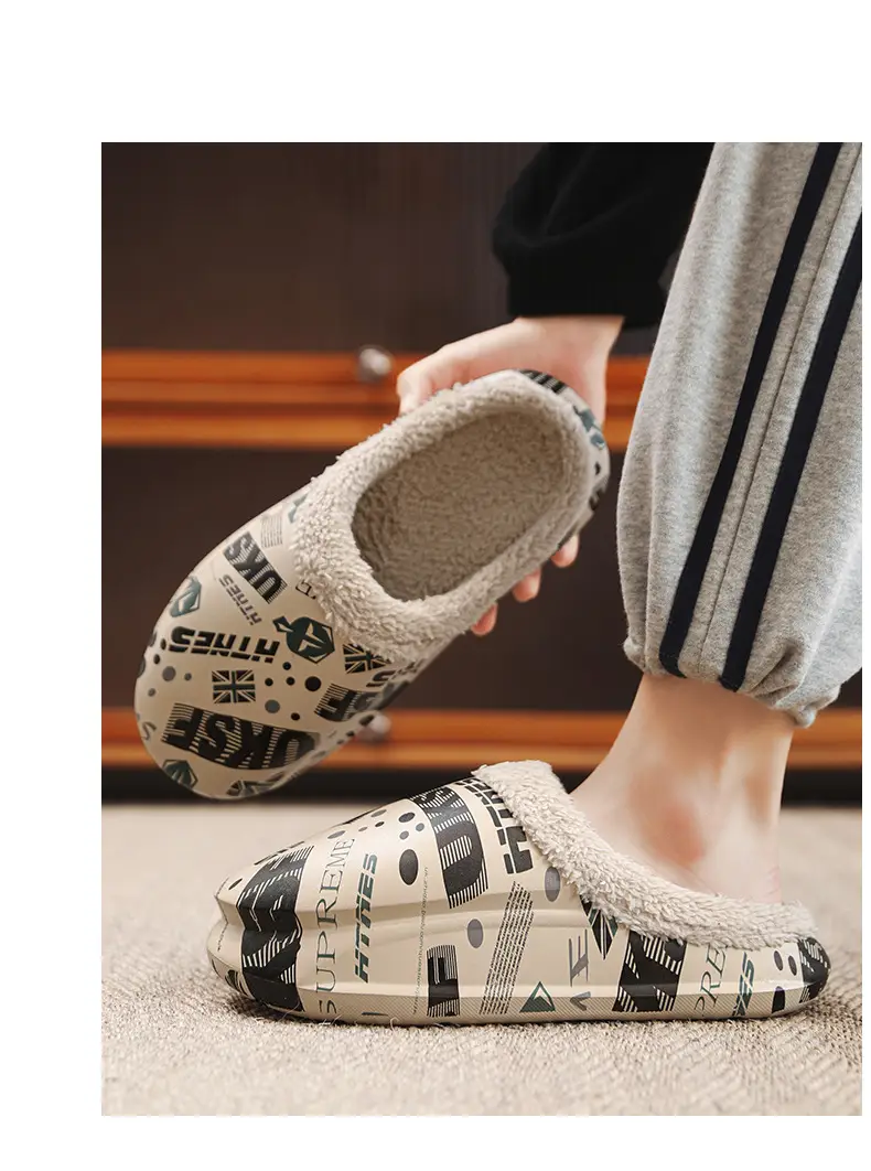 Men Winter Fleece Lined Cotton Slippers with Streetwear Print — feature 9