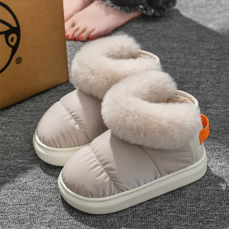 Autumn and Winter high-top fur mouth fleece-lined warm cotton shoes women's indoor home thick bottom non-slip all-inclusive heel couple cotton slippers