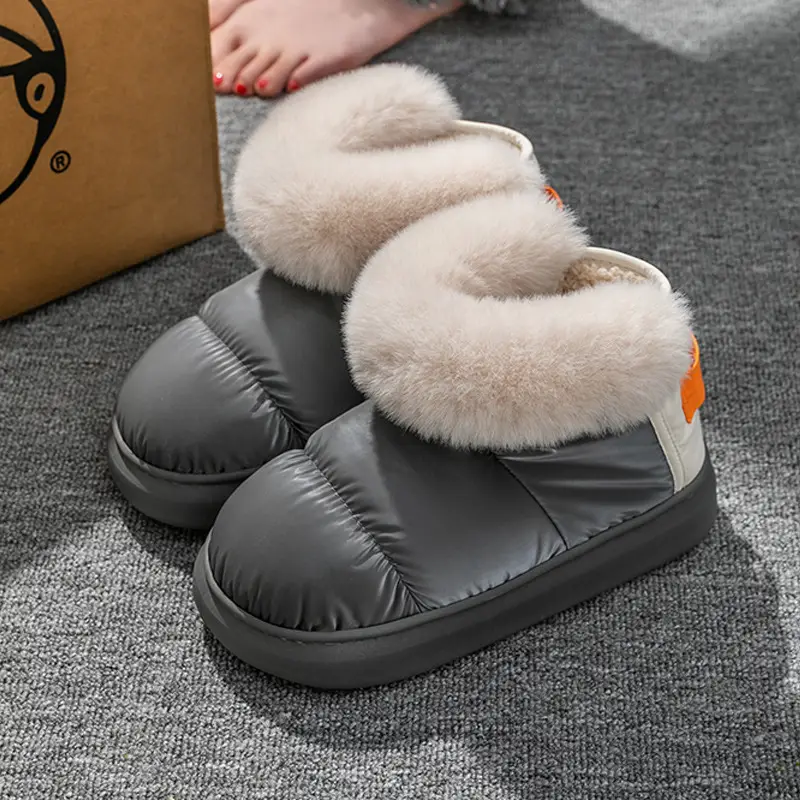 Autumn and Winter high-top fur mouth fleece-lined warm cotton shoes women's indoor home thick bottom non-slip all-inclusive heel couple cotton slippers