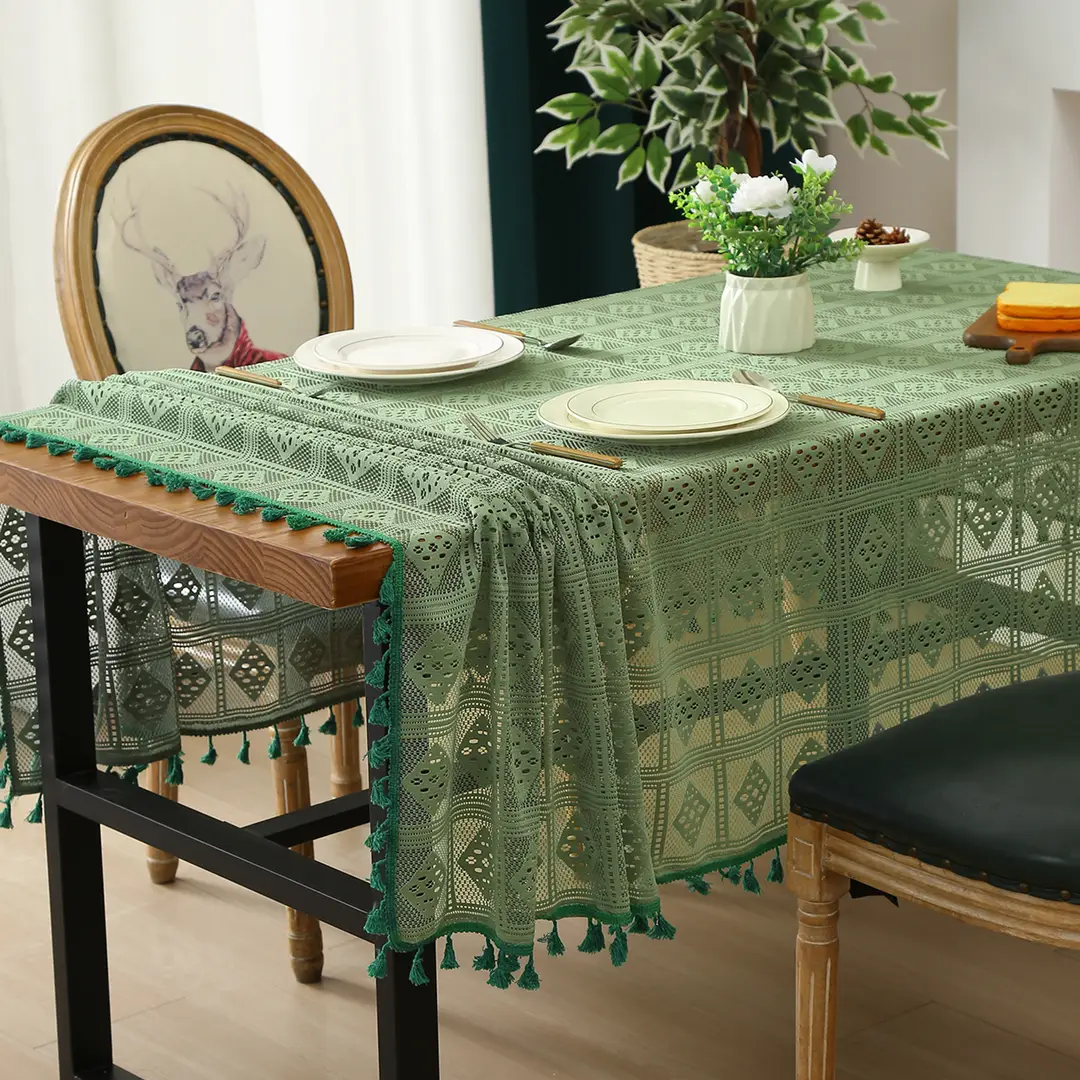 Retro Green Hollow-Out Tassel Tablecloth, Pastoral Style Lace Checkered Tablecloth, Rectangular Coffee Table Cover