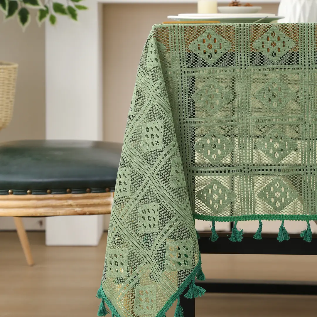 Retro Green Hollow-Out Tassel Tablecloth, Pastoral Style Lace Checkered Tablecloth, Rectangular Coffee Table Cover
