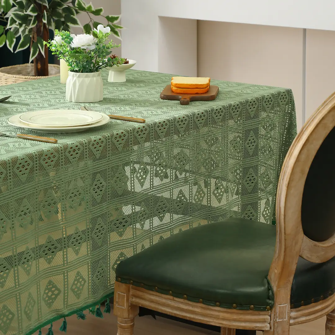 Retro Green Hollow-Out Tassel Tablecloth, Pastoral Style Lace Checkered Tablecloth, Rectangular Coffee Table Cover