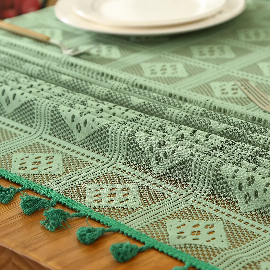 Retro Green Hollow-Out Tassel Tablecloth, Pastoral Style Lace Checkered Tablecloth, Rectangular Coffee Table Cover