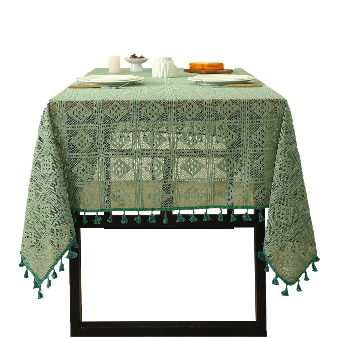 Retro Green Hollow-Out Tassel Tablecloth, Pastoral Style Lace Checkered Tablecloth, Rectangular Coffee Table Cover