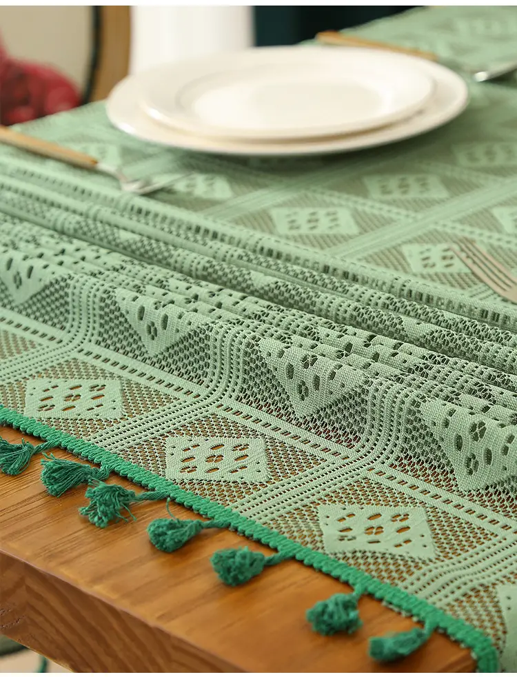 Retro Green Hollow-Out Tassel Tablecloth, Pastoral Style Lace Checkered Tablecloth, Rectangular Coffee Table Cover — feature 10