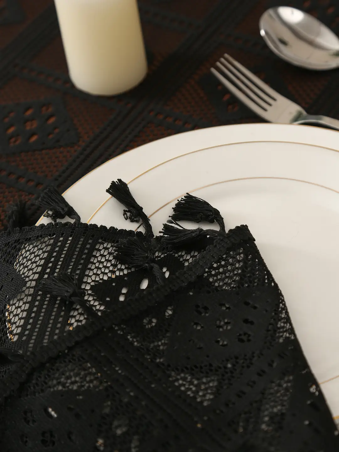 Retro Green Hollow-Out Tassel Tablecloth, Pastoral Style Lace Checkered Tablecloth, Rectangular Coffee Table Cover — feature 11