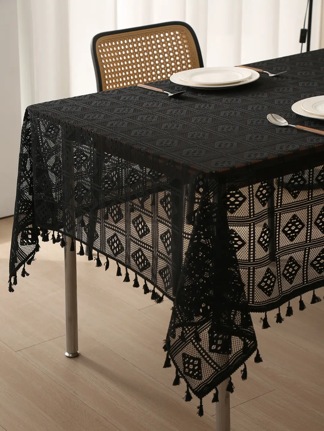 Retro Green Hollow-Out Tassel Tablecloth, Pastoral Style Lace Checkered Tablecloth, Rectangular Coffee Table Cover — feature 13